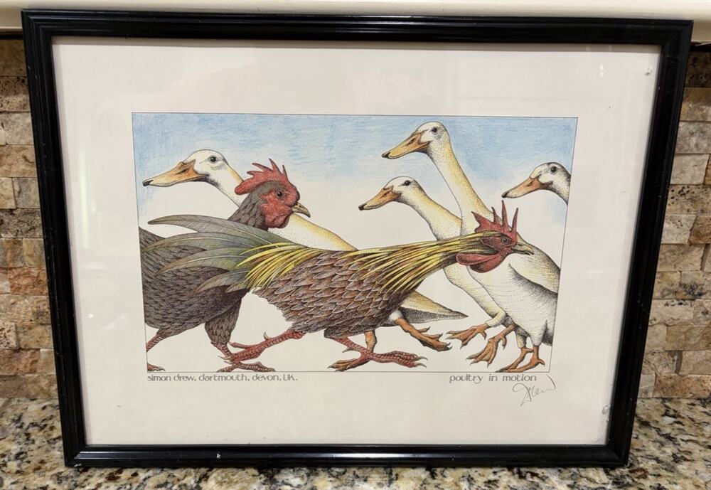 Simon Drew Signed Print Framed {Humorous} "Poultry in Motion." Devon, UK.